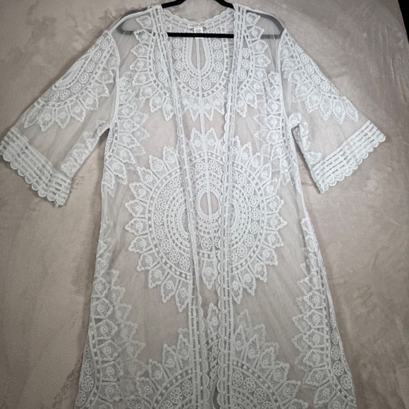 Rachel Zoe Lace Kimono Crochet Duster Cardigan Sheer White Gray One Size - Picture 4 of 9